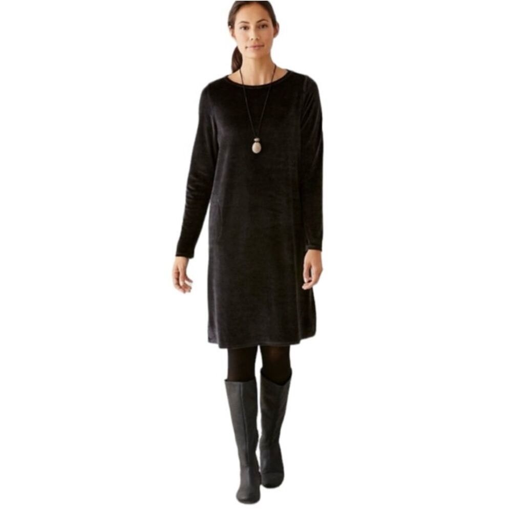 J. Jill Velvet Velour Long Sleeve Dress With Pockets Black L